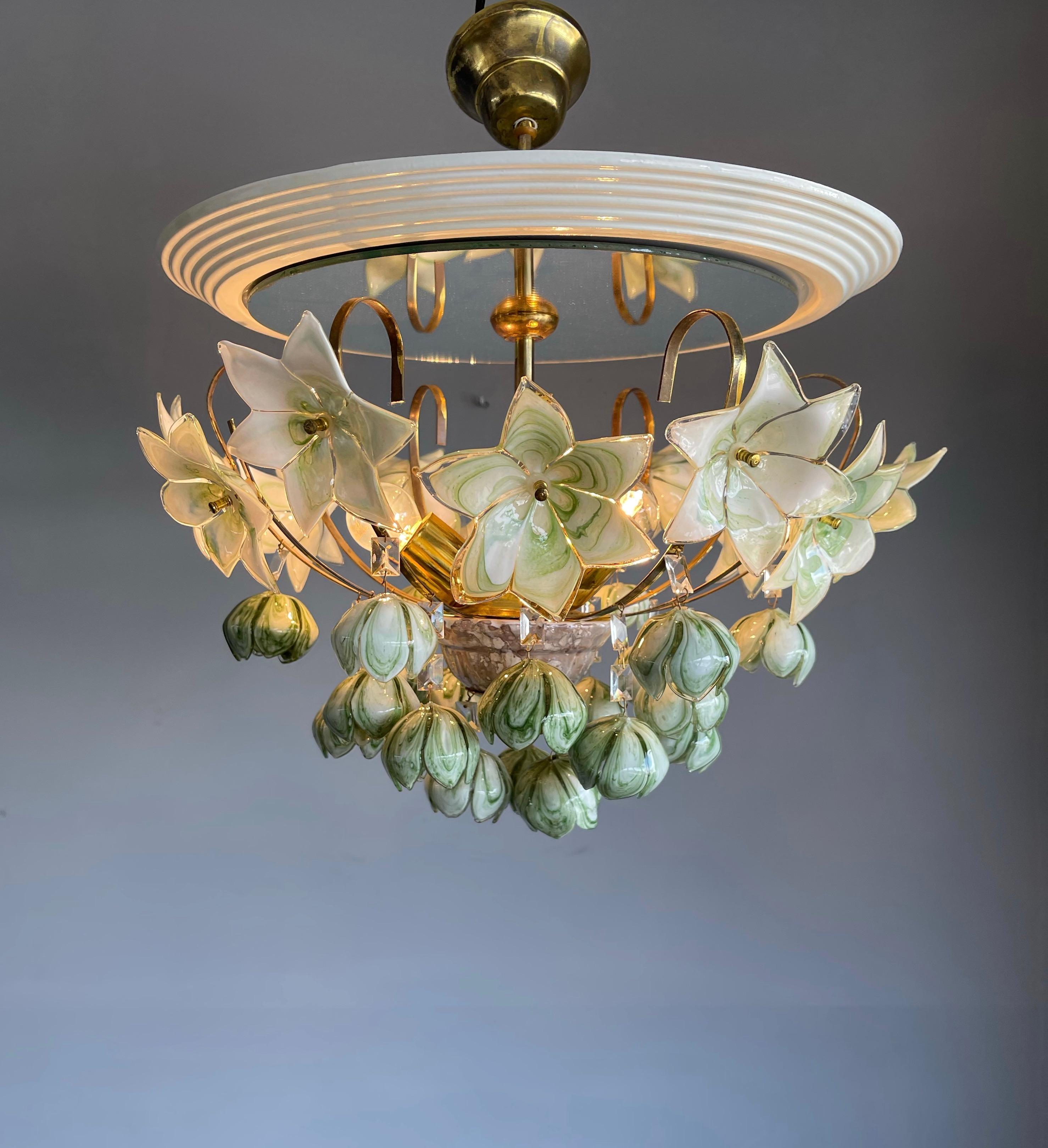 Hand-Crafted Midcentury Italian Murano Flush Mount w. Stunning Mouthblown Green Glass Flowers