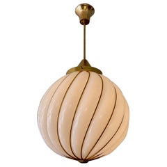 Midcentury Italian Murano Glass and Brass Globe Pendant Light