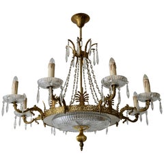 Midcentury Italian Murano Glass and Gilt Brass Chandelier, Pair