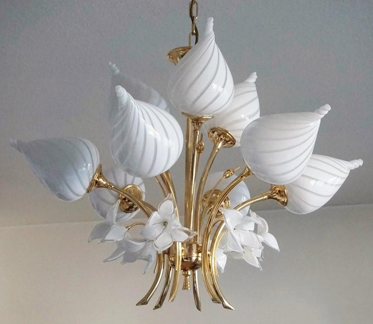Gilt Midcentury Italian Murano Glass Brass Nine-Light Bouquet Chandelier, 1960s For Sale