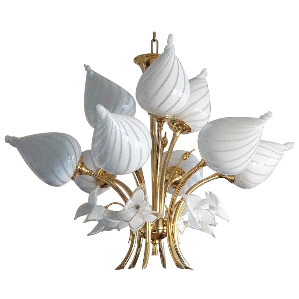 Midcentury Italian Murano Glass Brass Nine-Light Bouquet Chandelier, 1960s
