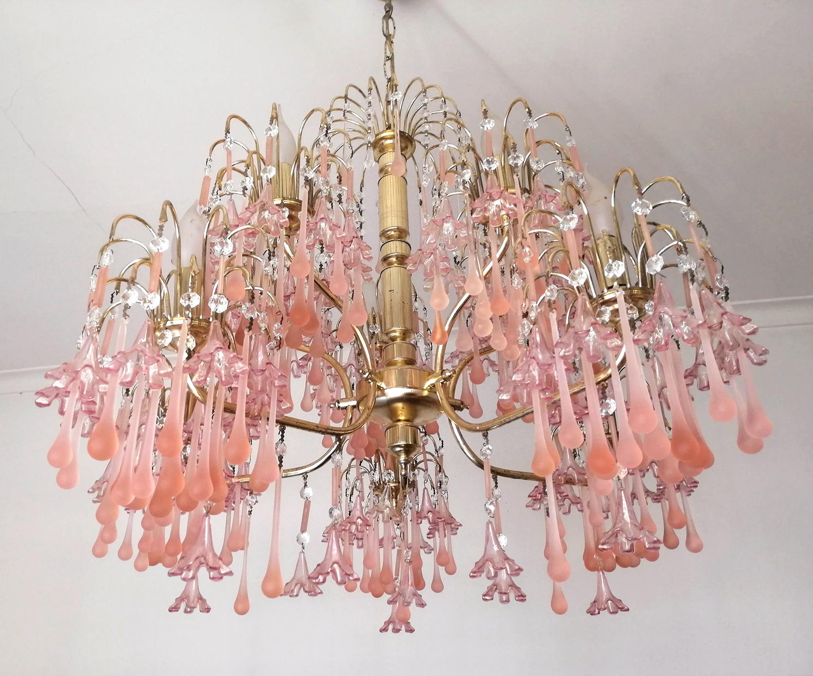 Midcentury Italian Murano Pink Glass Flowers Waterfall Wedding Cake Chandelier For Sale 8