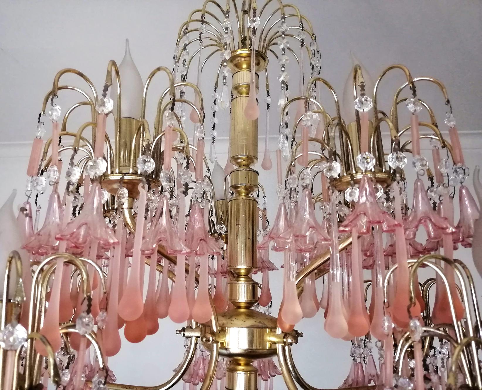 Midcentury Italian Murano Pink Glass Flowers Waterfall Wedding Cake Chandelier For Sale 9