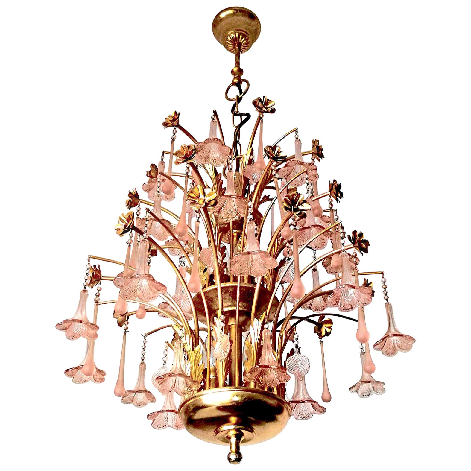 Rare gorgeous midcentury Italian Murano chandelier in the style of Venini.
Pink fogged crystal teardrops, pink glass flowers and gilt flowers waterfall 3 tiers wedding cake
Measures:
Diameter 20 in/ 50 cm
Height 40 in (11.8 in/chain)/ 100 cm (30