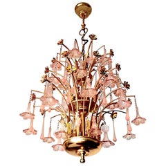Midcentury Italian Murano Pink Glass Flowers Waterfall Wedding Cake Chandelier