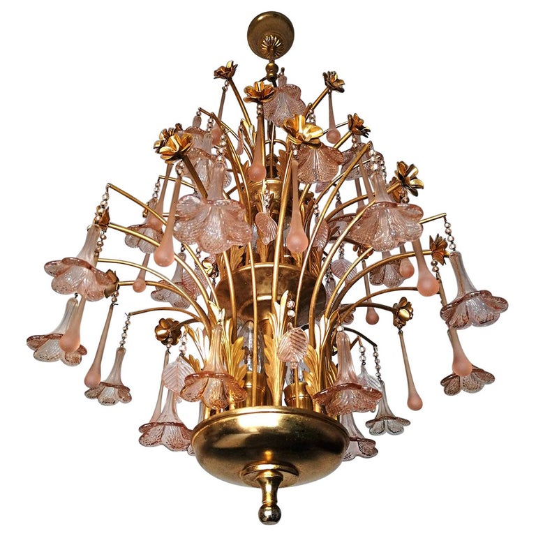 Midcentury Italian Murano Pink Glass, Gold Chandelier With Pink Flowers Inside