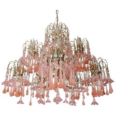 Midcentury Italian Murano Pink Glass Flowers Waterfall Wedding Cake Chandelier