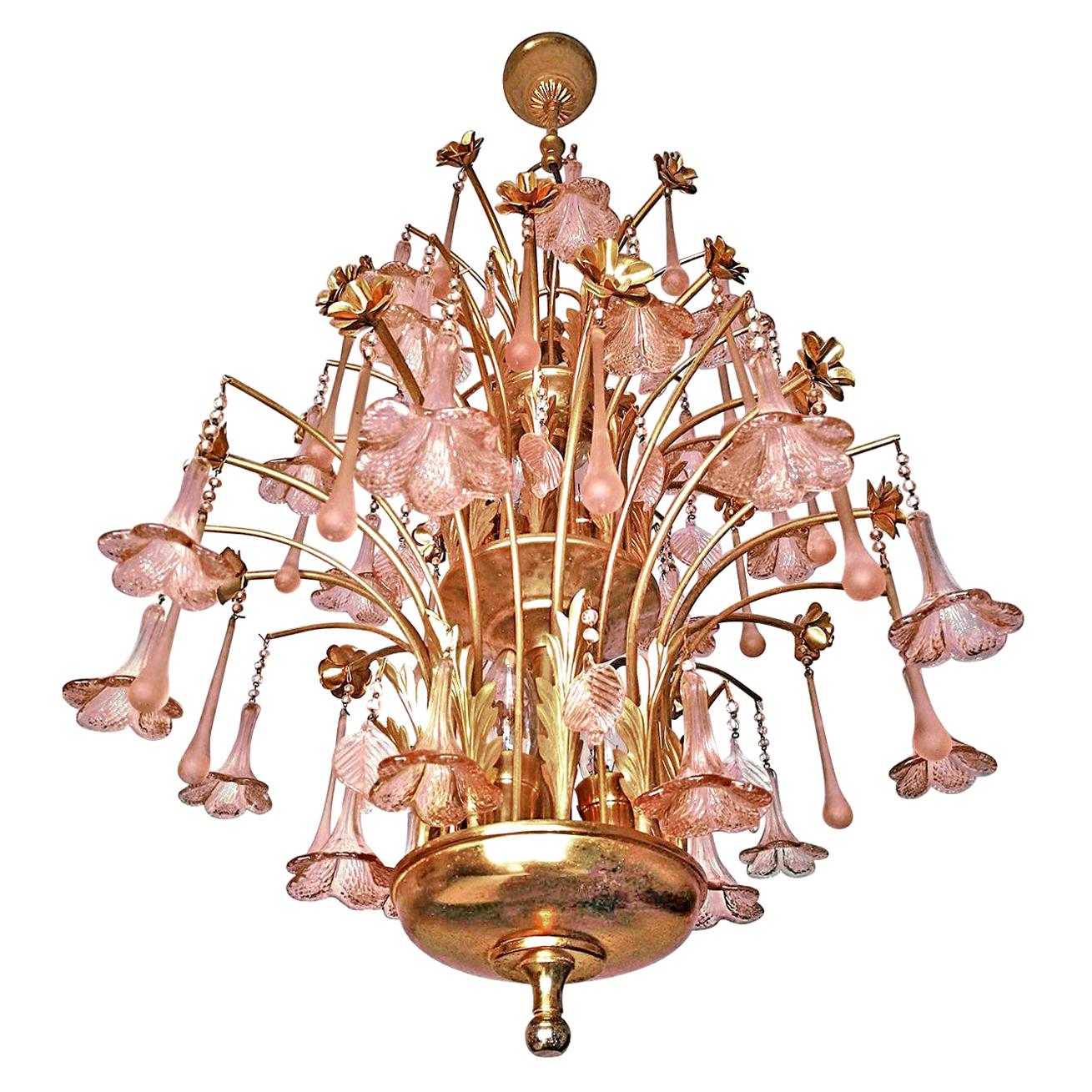 Midcentury Italian Murano Pink Glass Flowers Waterfall Wedding Cake Chandelier For Sale