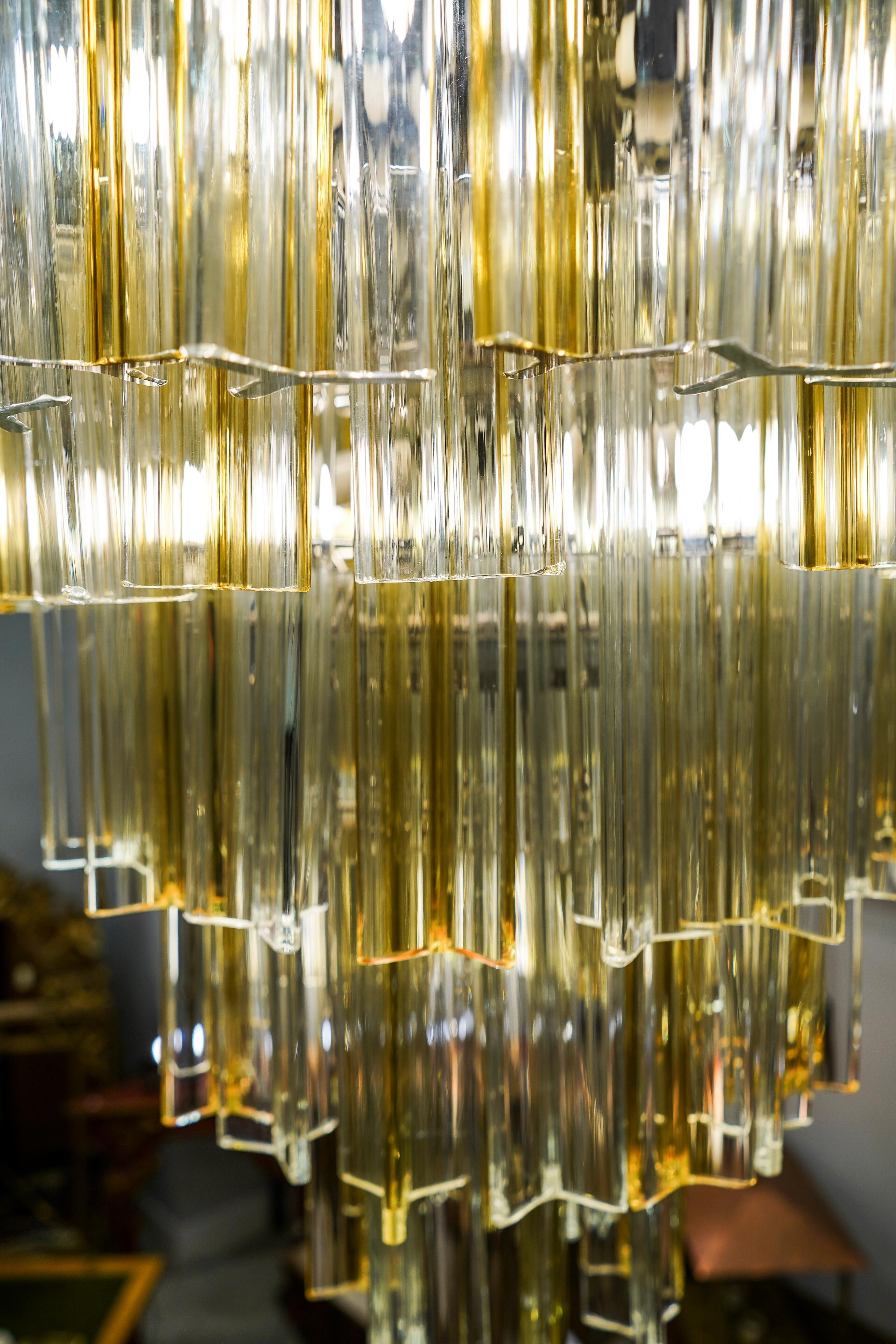 Midcentury Italian Murano Venini White and Yellow Crystal Chandelier, 1970s (Handgefertigt)