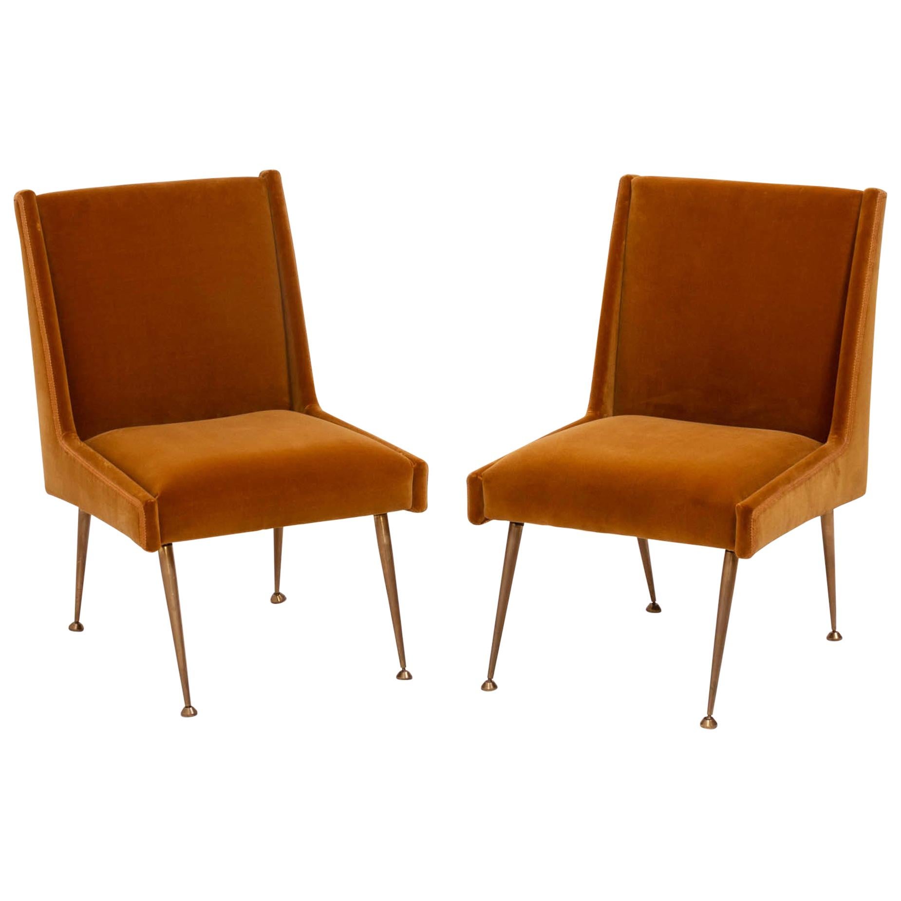 Midcentury Italian Burnt Orange Velvet Chairs, Set of 2