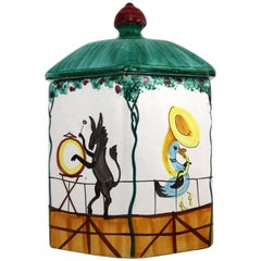 Vintage Midcentury Italian Octagonal Pottery Cookie Jar Decorated with an Animal Brass