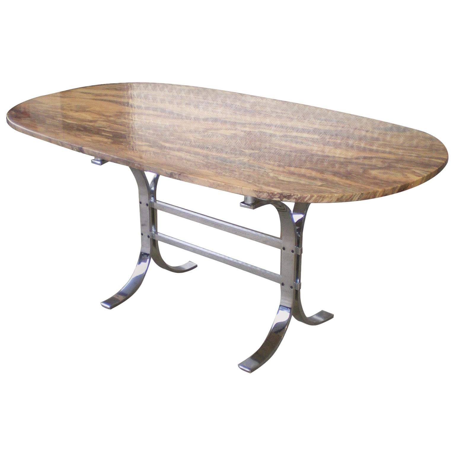 Midcentury Italian Oval Breccia Medicea Marble and Chrome Table, circa 1960