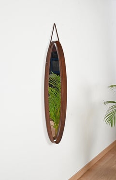 Midcentury Italian Oval Mirror in Curved Teak and Leather, 1960s