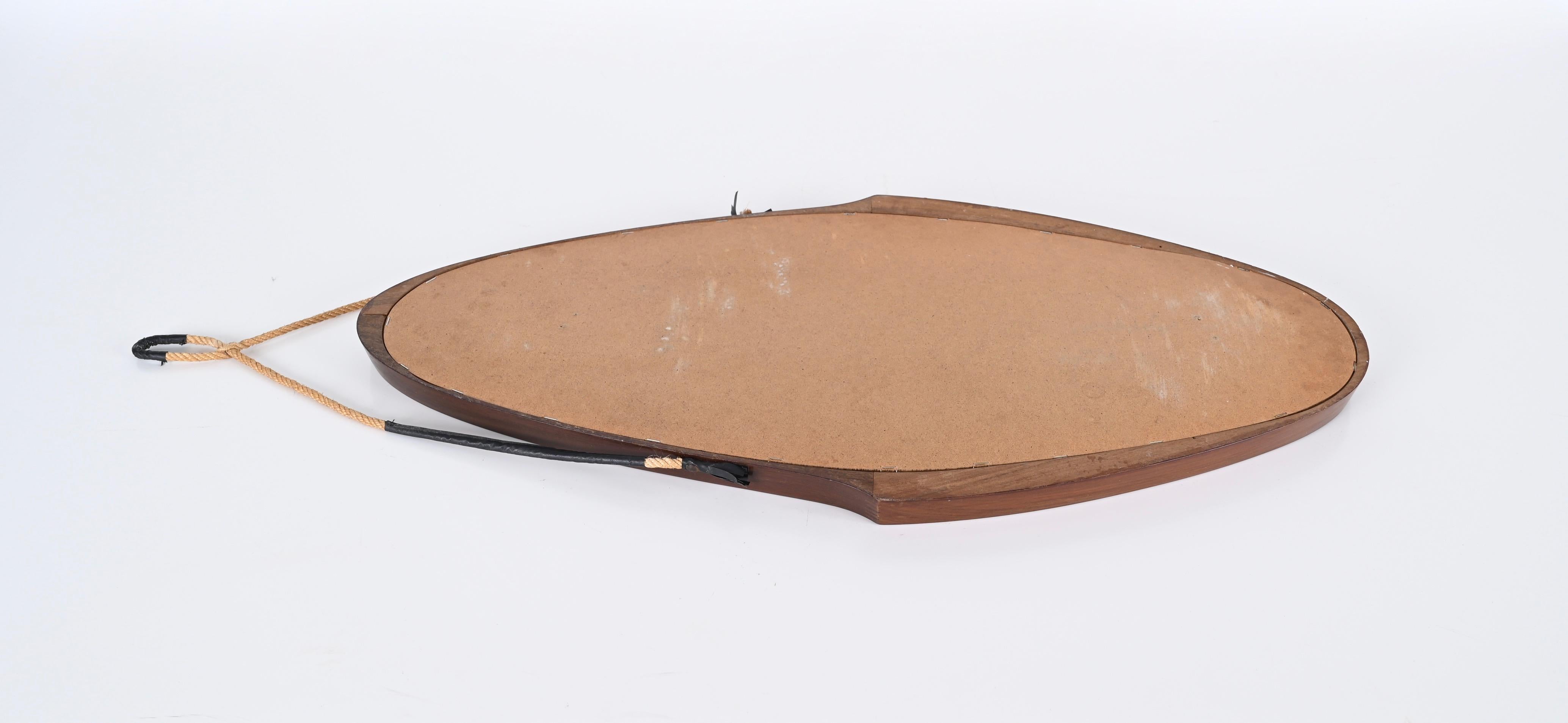 Midcentury Italian Oval Mirror in Curved Teak, Rope and Leather, 1960s 6
