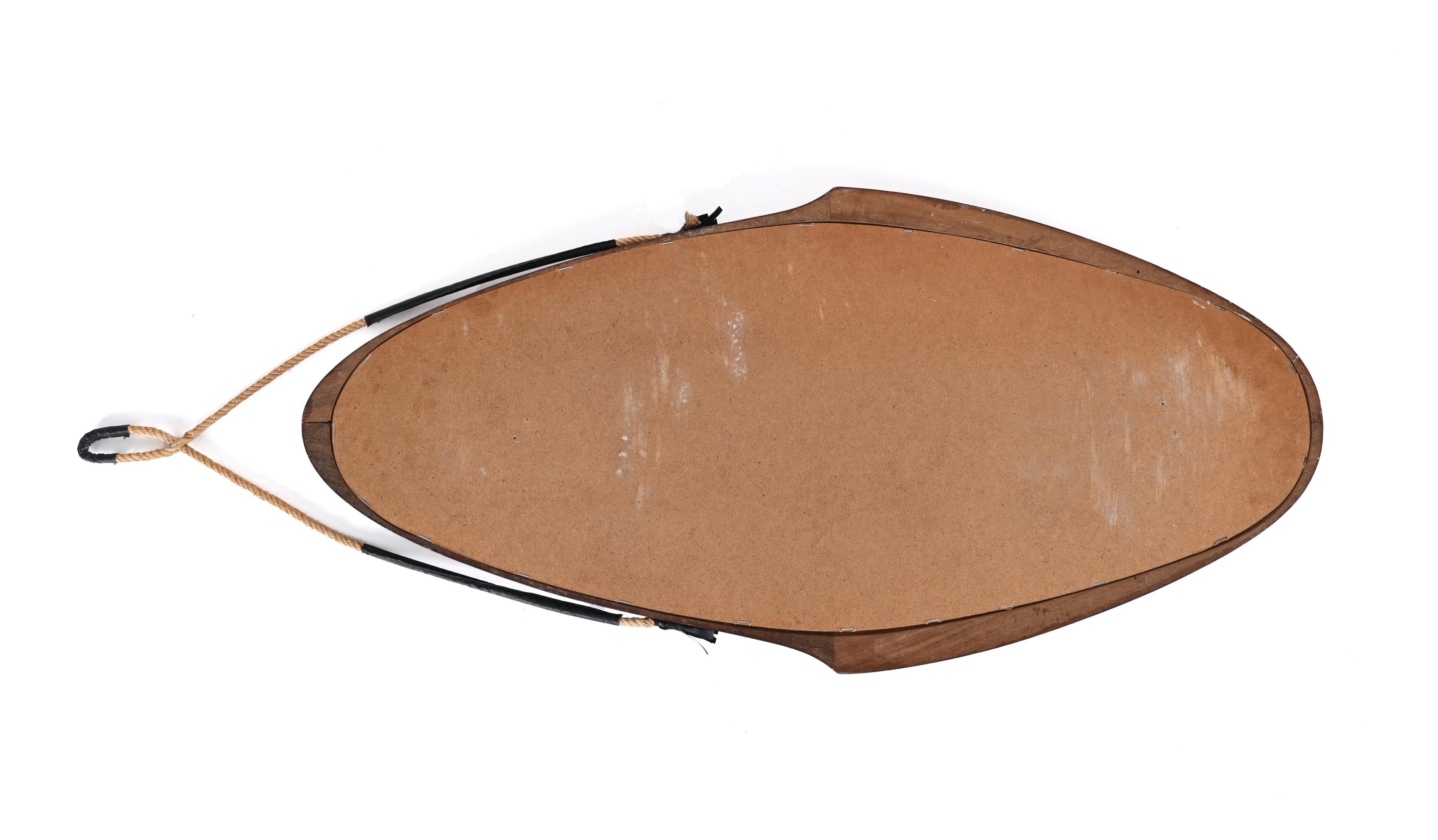 Midcentury Italian Oval Mirror in Curved Teak, Rope and Leather, 1960s 7