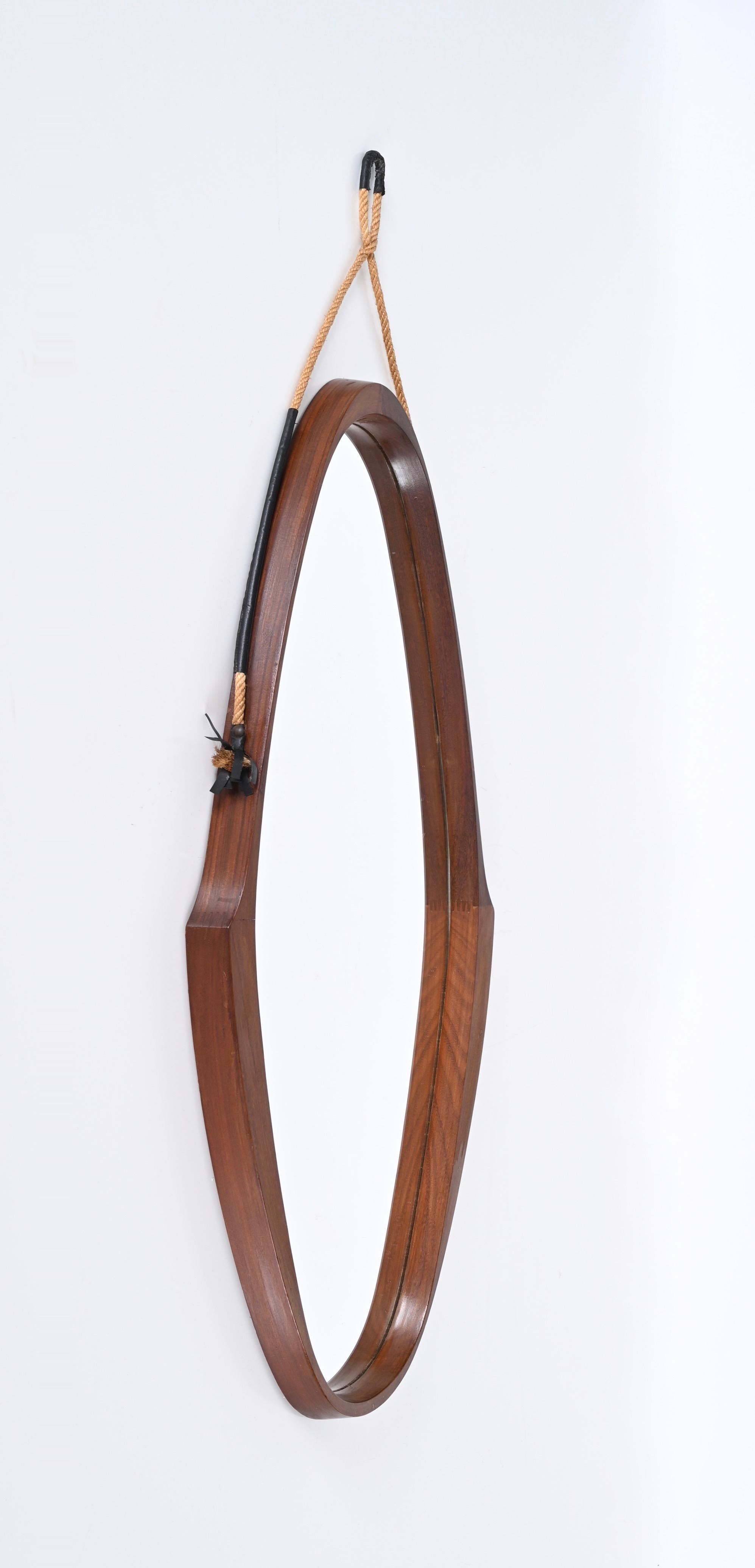 Mid-Century Modern Midcentury Italian Oval Mirror in Curved Teak, Rope and Leather, 1960s