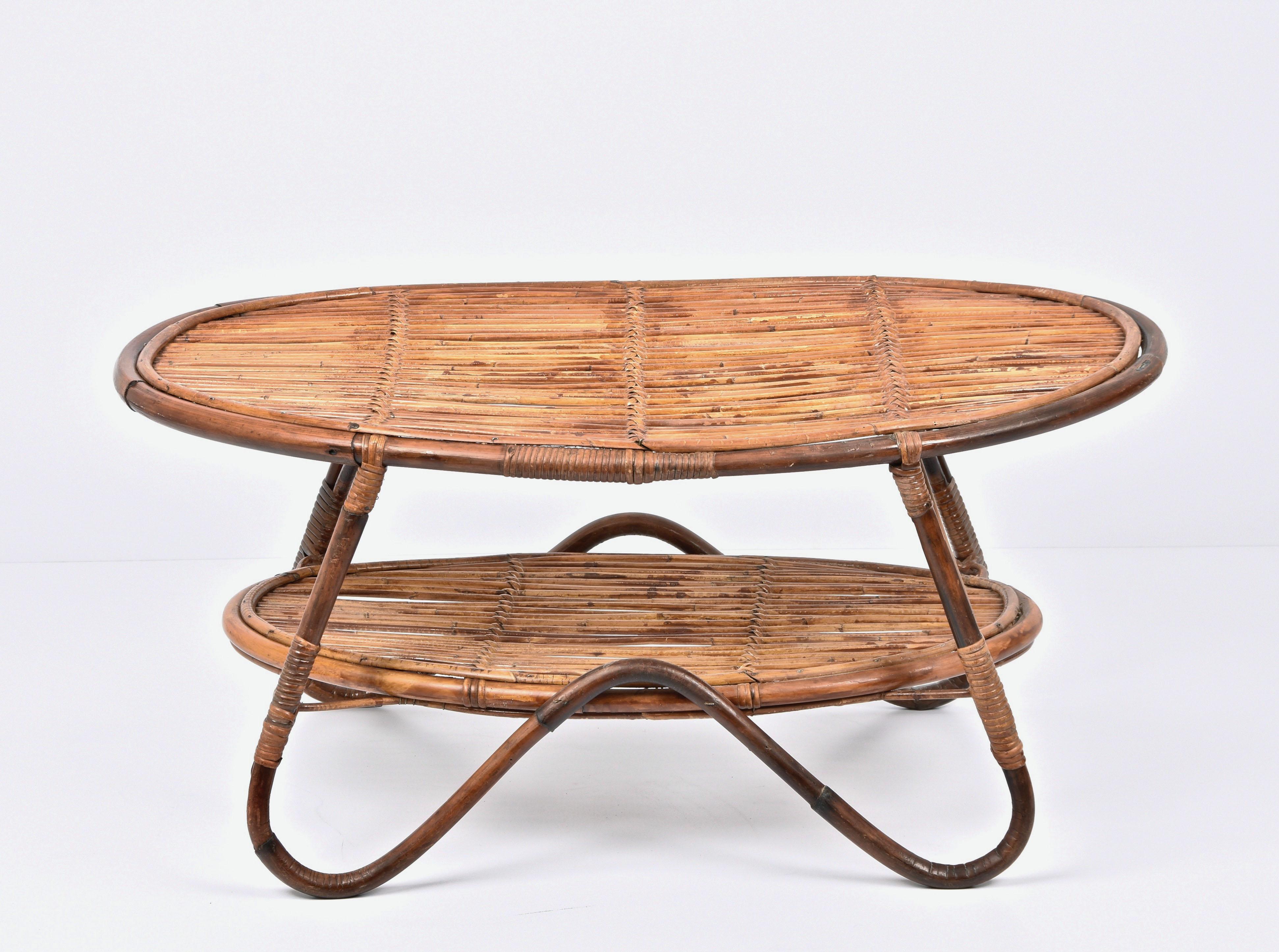 Midcentury Italian Oval Rattan and Bamboo Two Levels Coffee Table, 1950s For Sale 8