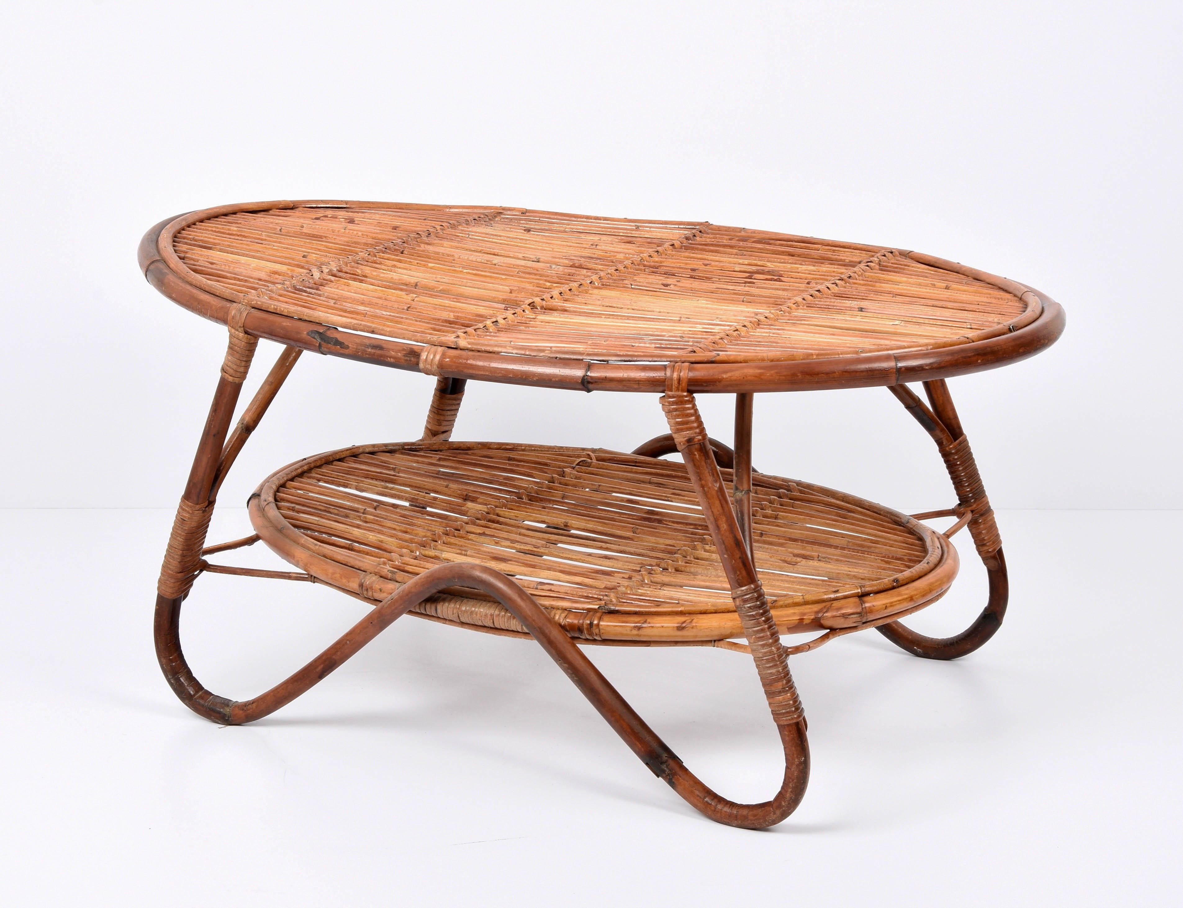 Midcentury Italian Oval Rattan and Bamboo Two Levels Coffee Table, 1950s For Sale 11