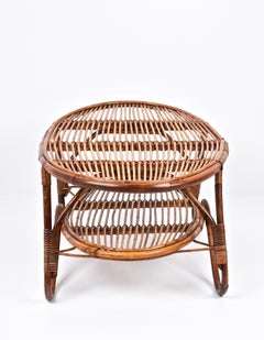 Midcentury Italian Oval Rattan and Bamboo Two Levels Coffee Table, 1950s