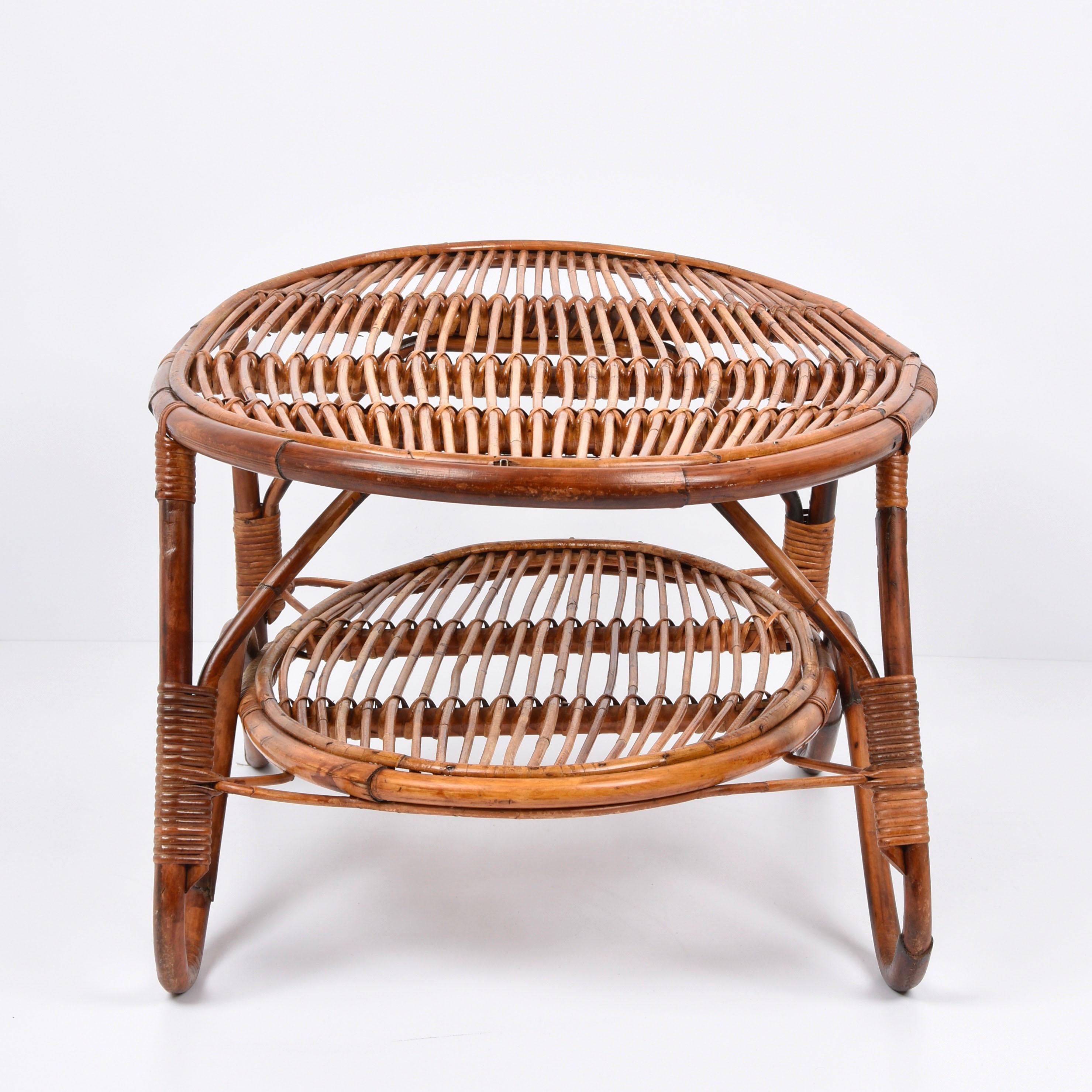 Mid-Century Modern Midcentury Italian Oval Rattan and Bamboo Two Levels Coffee Table, 1950s For Sale