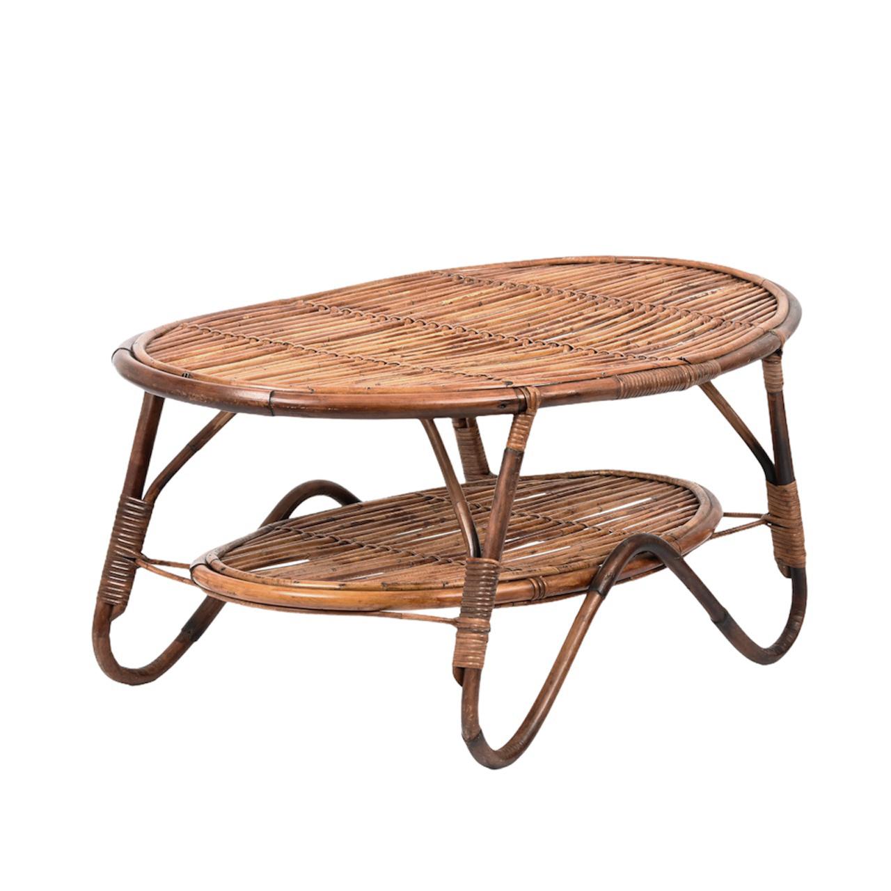 Mid-20th Century Midcentury Italian Oval Rattan and Bamboo Two Levels Coffee Table, 1950s For Sale