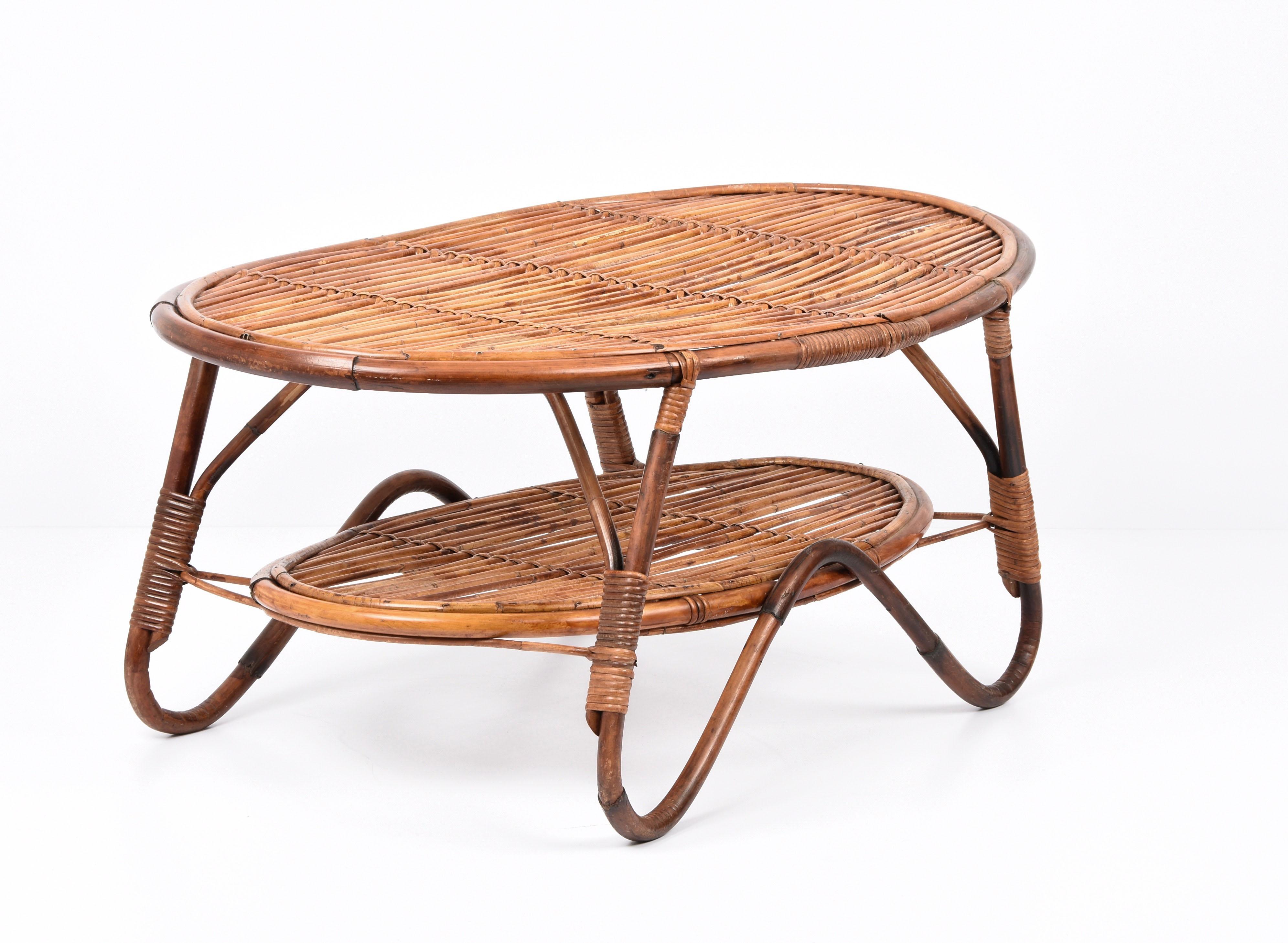 Midcentury Italian Oval Rattan and Bamboo Two Levels Coffee Table, 1950s For Sale 1