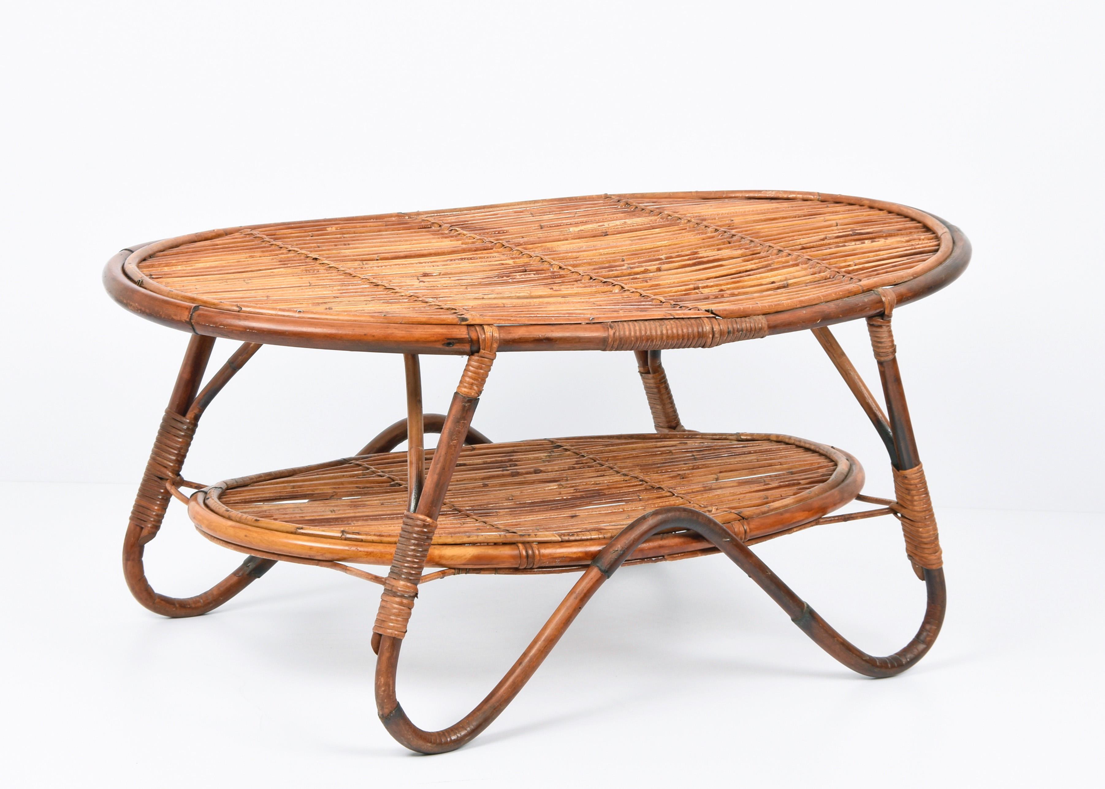 Midcentury Italian Oval Rattan and Bamboo Two Levels Coffee Table, 1950s For Sale 3
