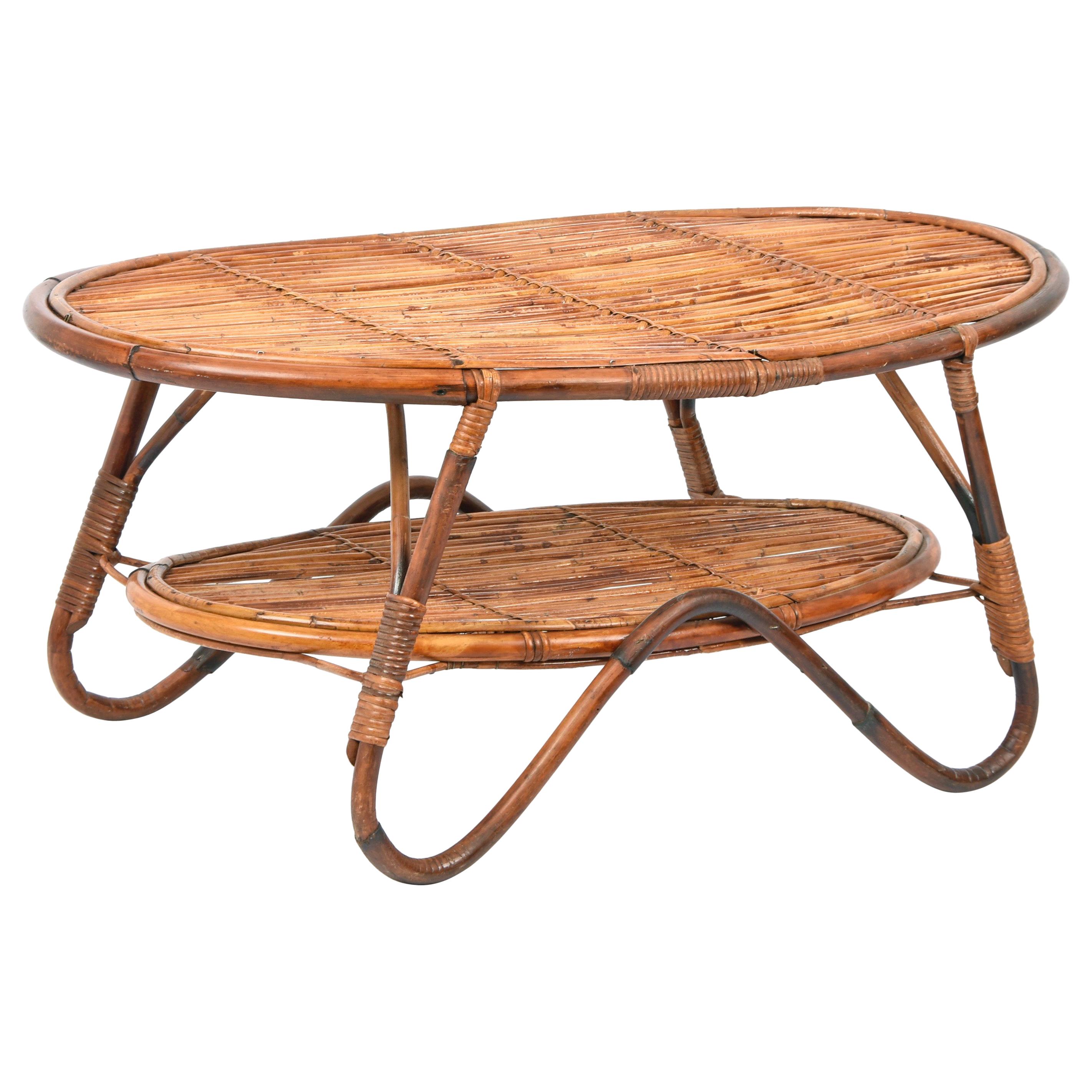 Midcentury Italian Oval Rattan and Bamboo Two Levels Coffee Table, 1950s