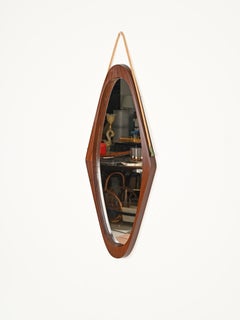 Midcentury Italian Oval "Shield" Mirror in Curved Teak, Rope and Leather, 1960s