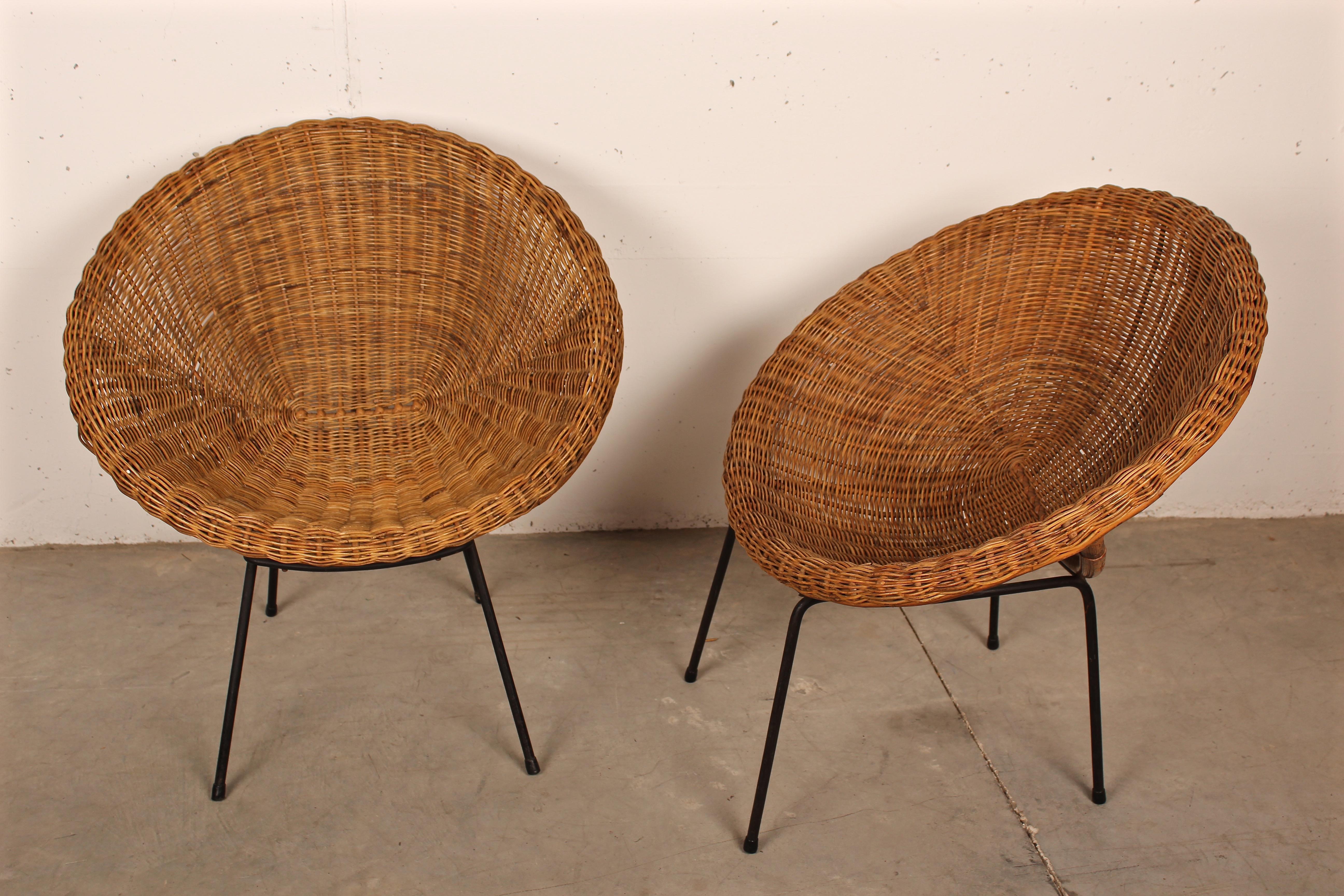 Mid-20th Century Midcentury Italian Pair of Circle Shaped Woven Wicker Rattan Armchairs