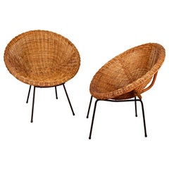 Midcentury Italian Pair of Circle Shaped Woven Wicker Rattan Armchairs