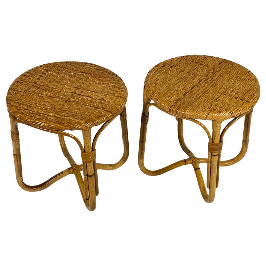 Midcentury Italian Pair of Rattan Bamboo Side Tables or Stools