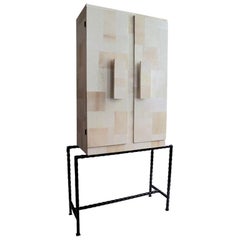 Midcentury Italian Patchwork Parchment Cabinet on Cast Iron Legs