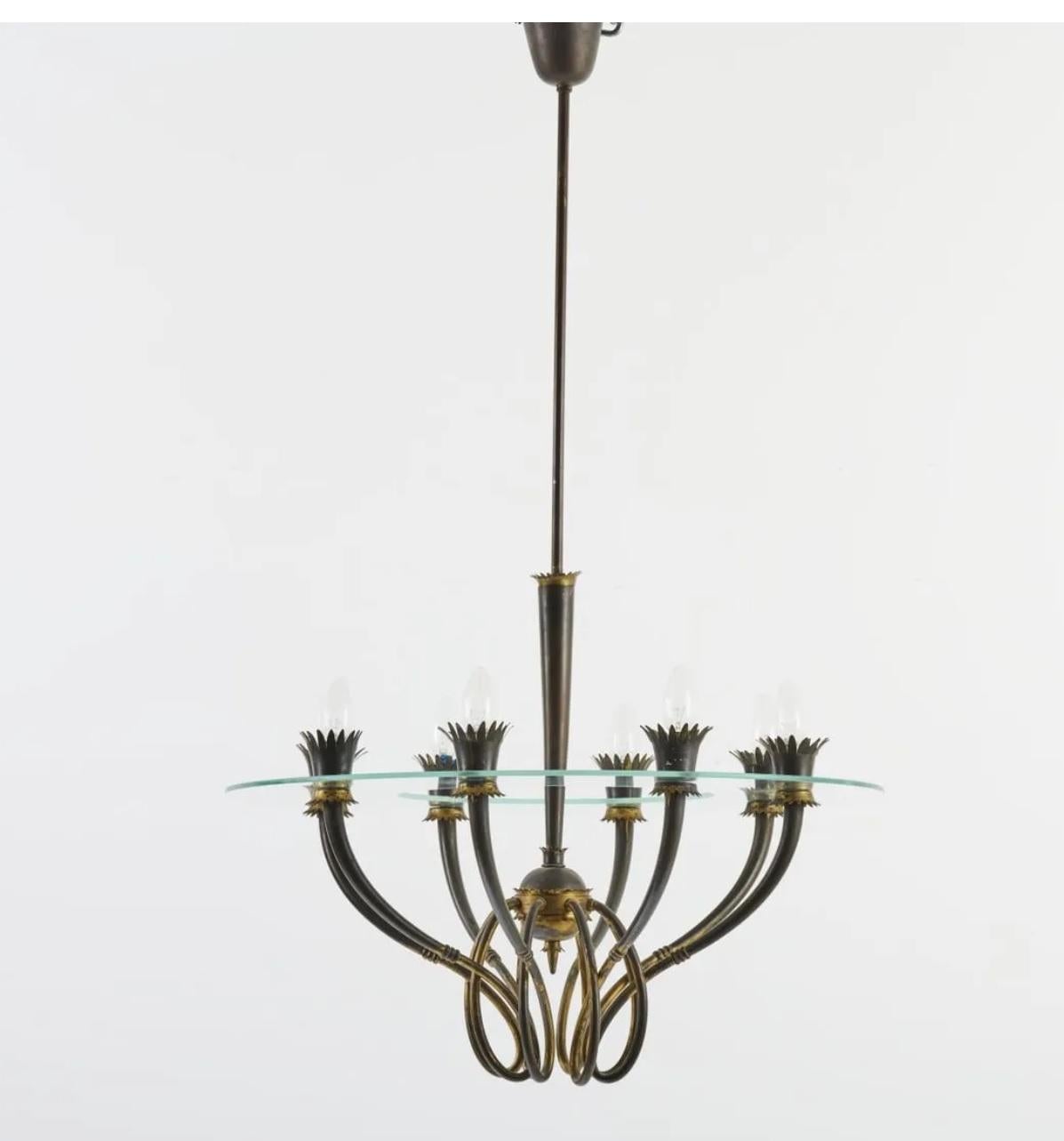 Mid-Century Modern Midcentury Italian Patinated Brass Fontana Arte Pendant Light by Pietro Chiesa