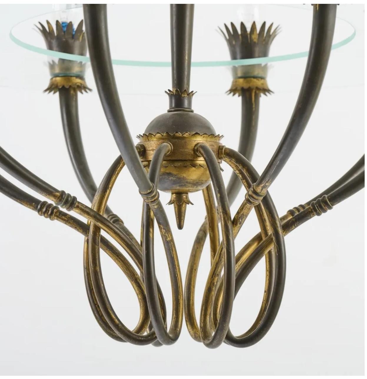 Midcentury Italian Patinated Brass Fontana Arte Pendant Light by Pietro Chiesa For Sale 1