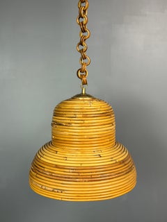 Midcentury Italian pencil reed rattan bamboo and brass hanging pendant lamp, 197