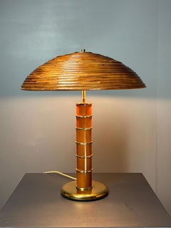 Midcentury Italian pencil reed rattan bamboo and brass table lamp, 1960s