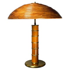 Midcentury Italian pencil reed rattan bamboo and brass table lamp, 1960s