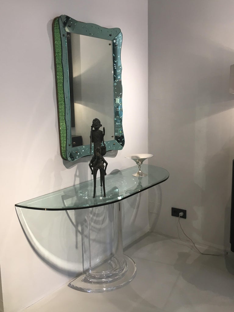 Midcentury Italian Plexiglass Console Table with Crystal Glass Table