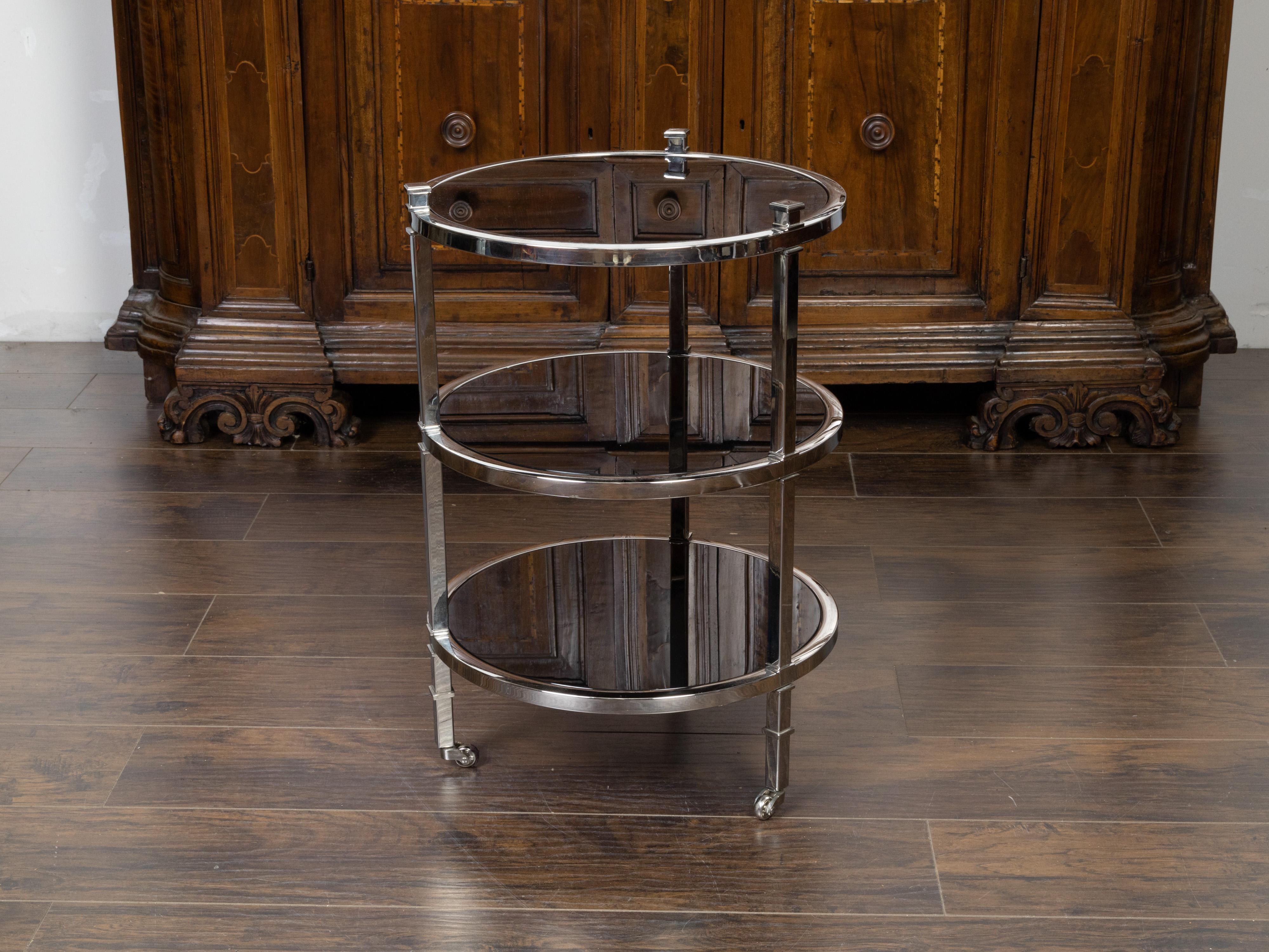 Mid-Century Modern Midcentury Italian Polished Nickel Bar Cart with Three Round Mirrored Shelves
