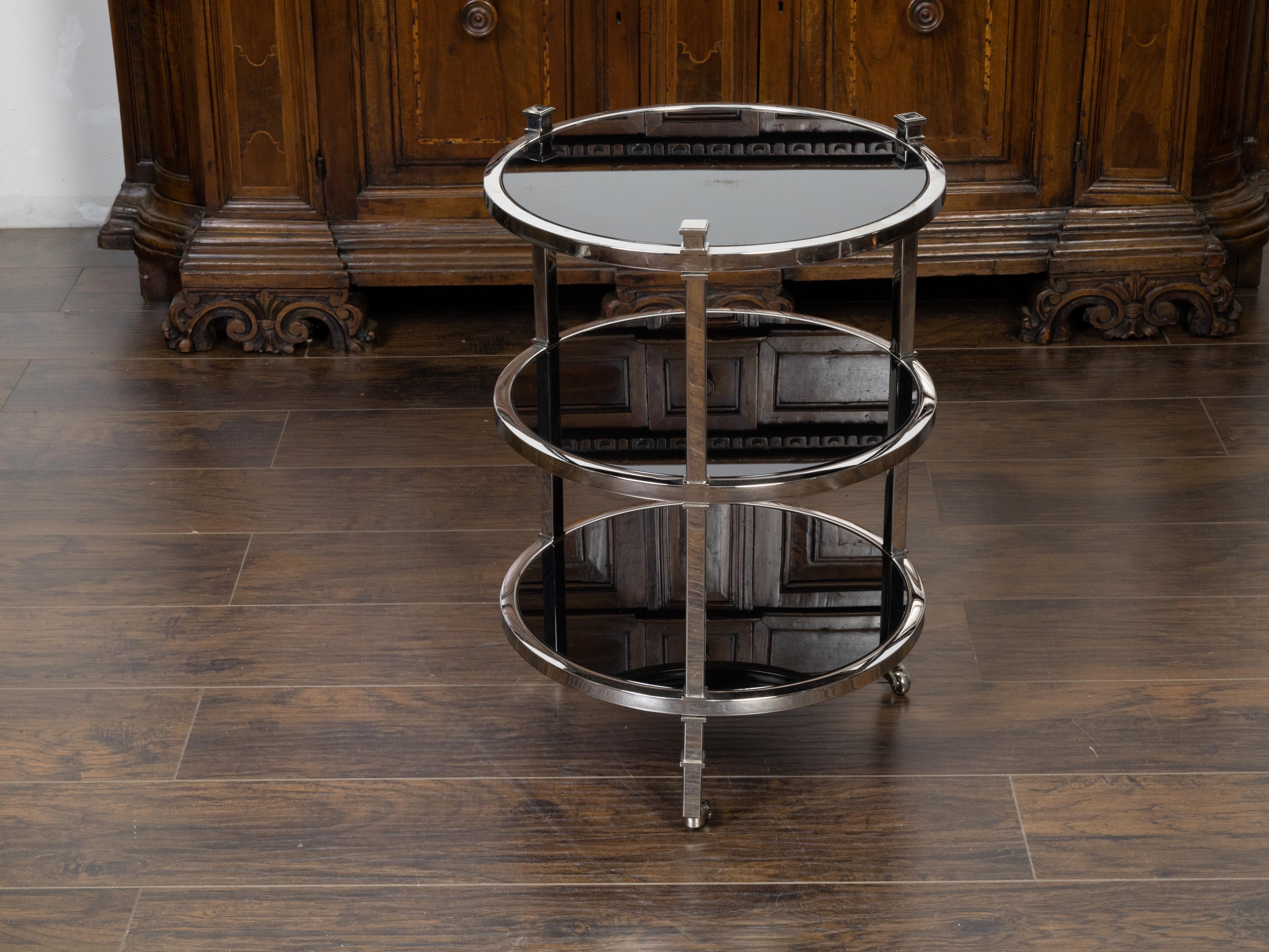 Midcentury Italian Polished Nickel Bar Cart with Three Round Mirrored Shelves In Good Condition In Atlanta, GA