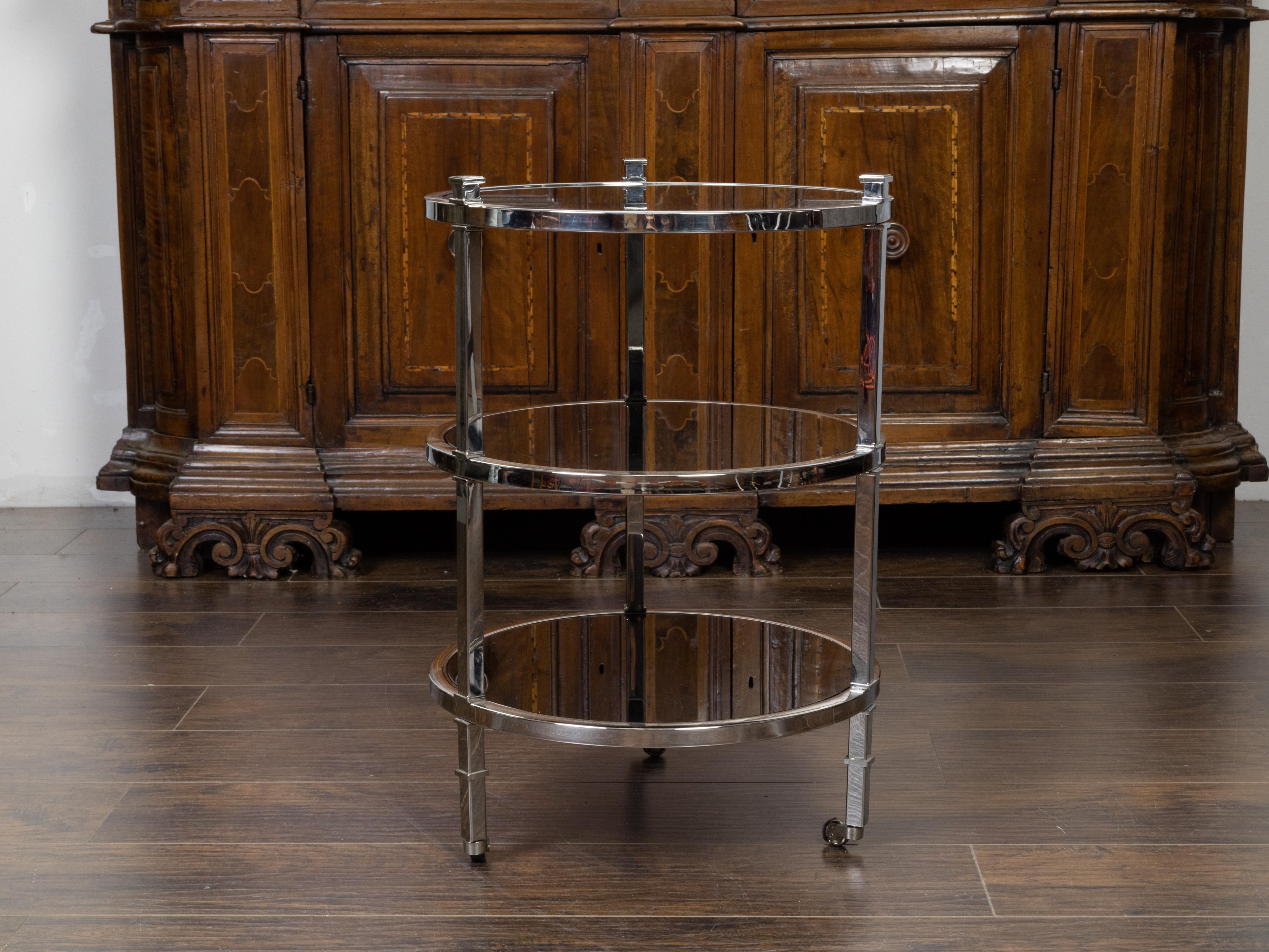 20th Century Midcentury Italian Polished Nickel Bar Cart with Three Round Mirrored Shelves