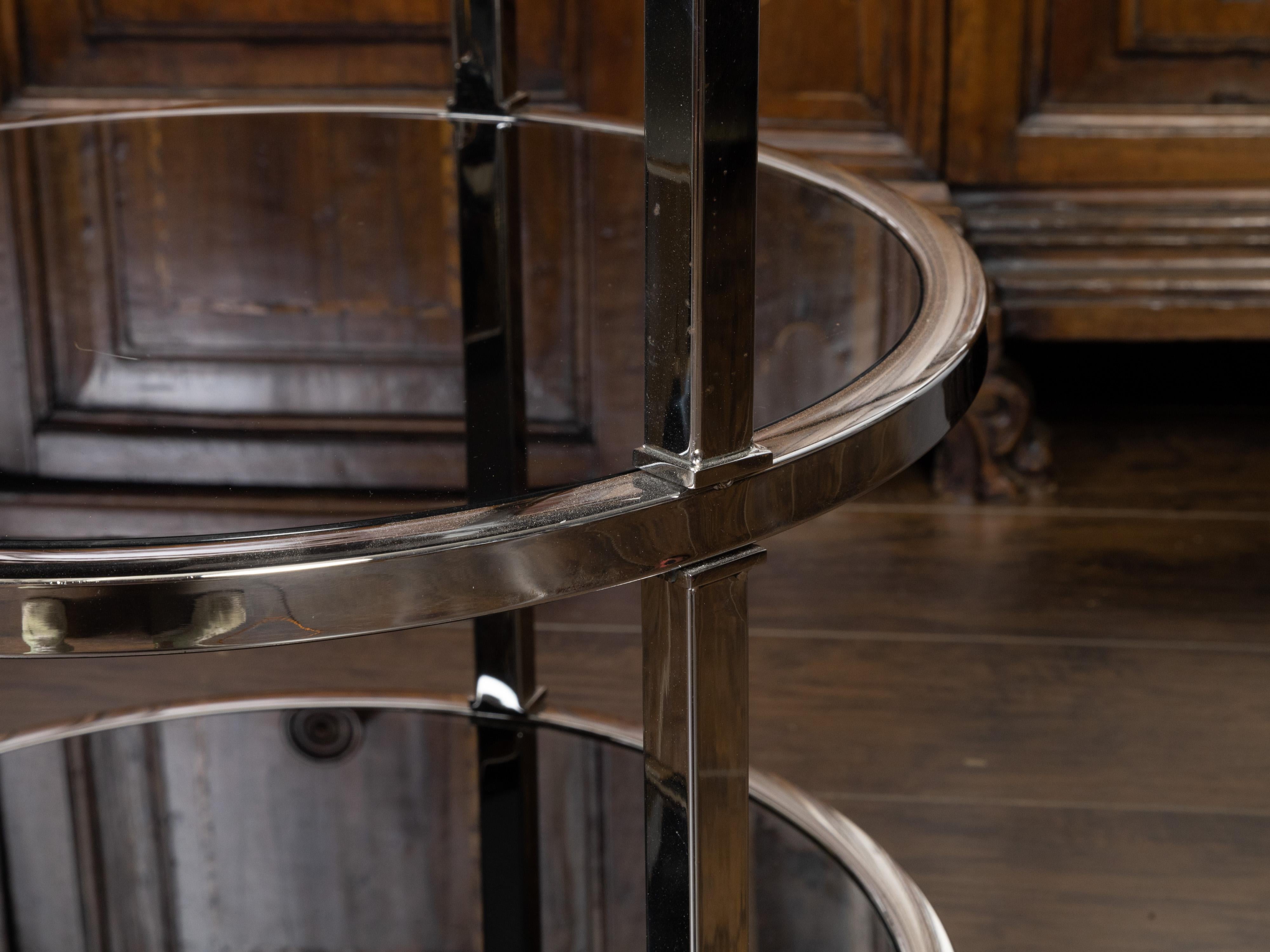 Midcentury Italian Polished Nickel Bar Cart with Three Round Mirrored Shelves 1