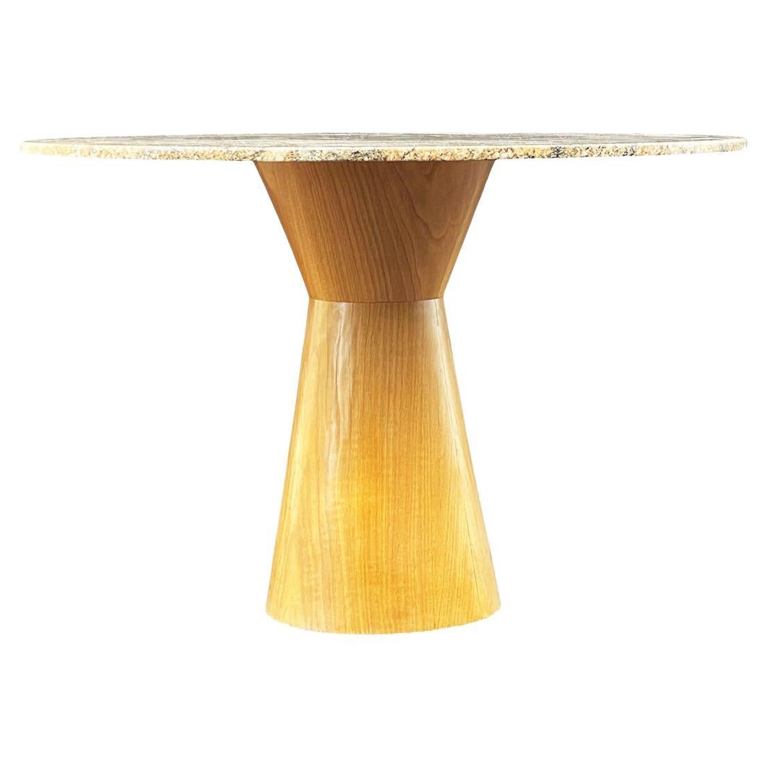 Midcentury Italian Post Modern Marble Circular Dining Table & Blonde Wood Base For Sale