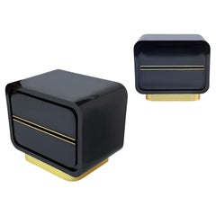 Midcentury Italian Post Modern Night Stands or Tables in Gloss Black with Brass