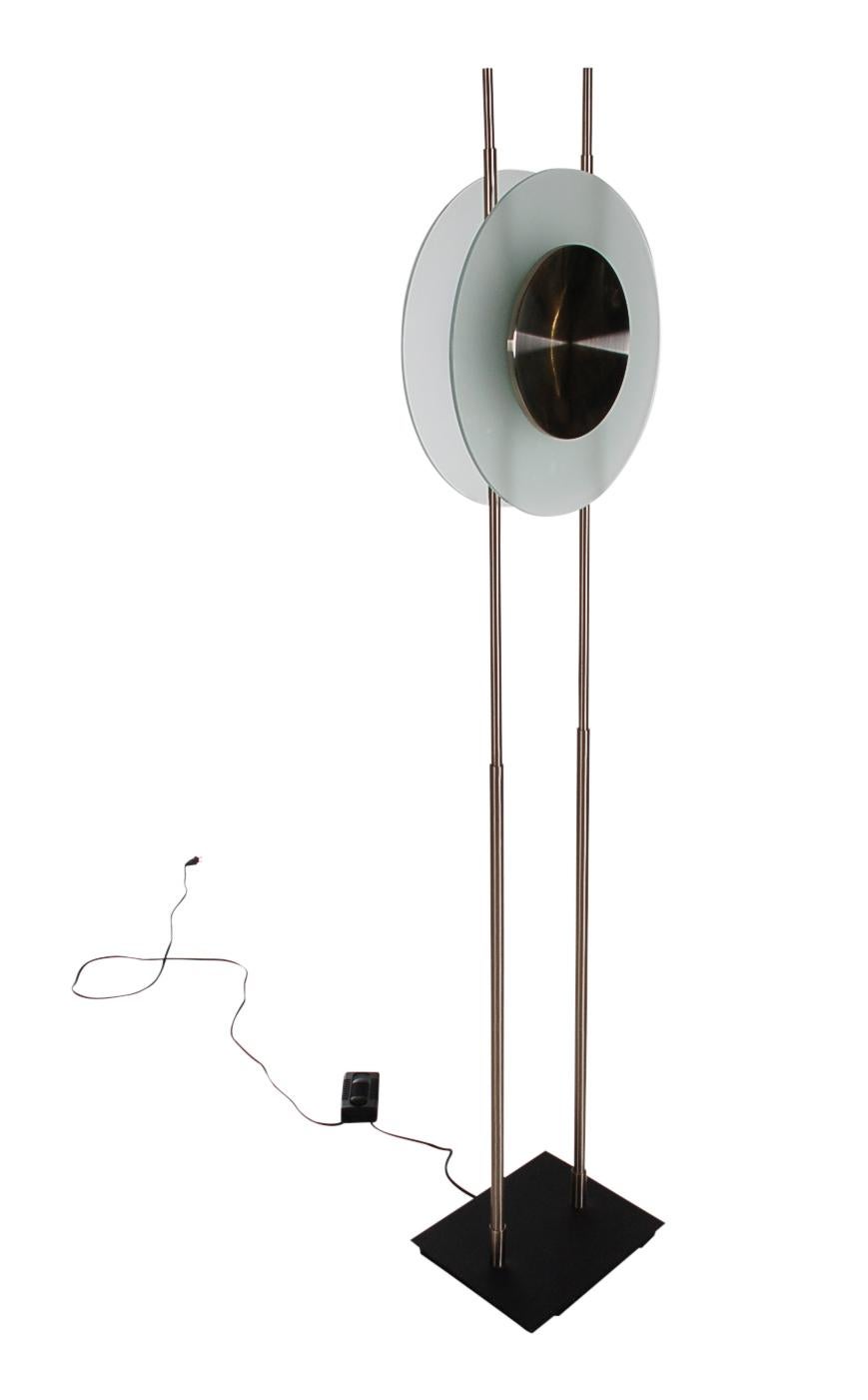 Late 20th Century Midcentury Italian Postmodern Steel & Frosted Glass Floor Lamp after Sottsass For Sale