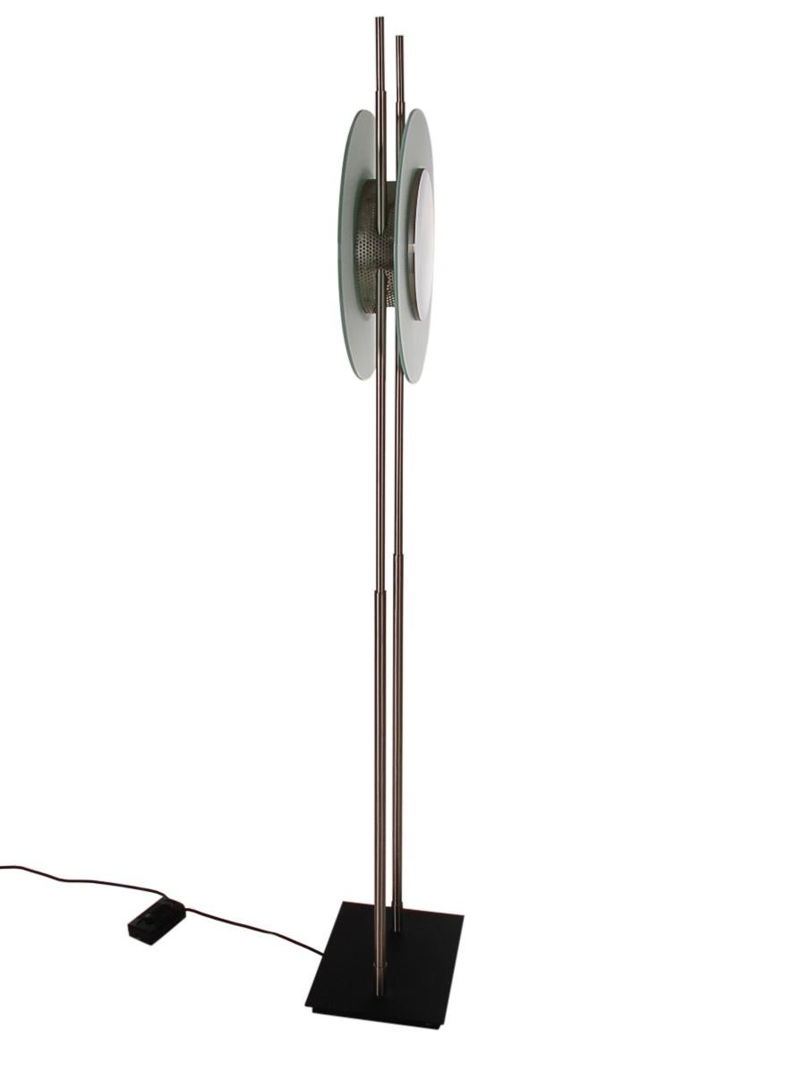Stainless Steel Midcentury Italian Postmodern Steel & Frosted Glass Floor Lamp after Sottsass For Sale