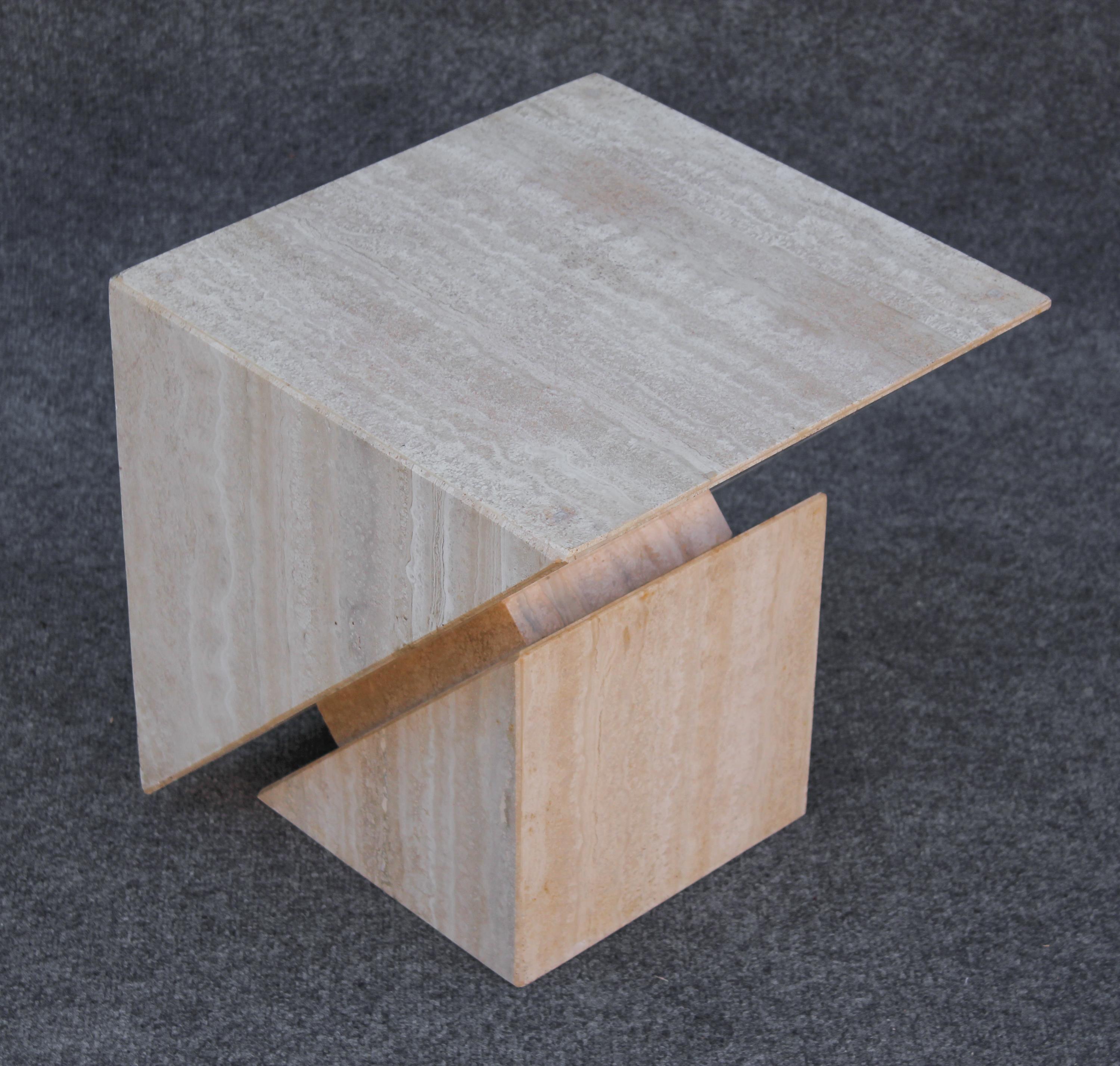 Midcentury Italian Post Modern Travertine Marble Cube Side Table or End Table For Sale 1