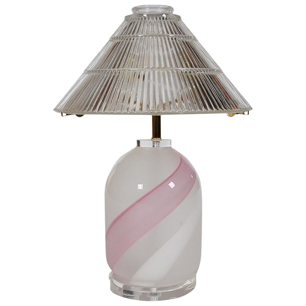 Midcentury Italian Postmodern Murano Vetri Glass Table Lamp in Pink & White