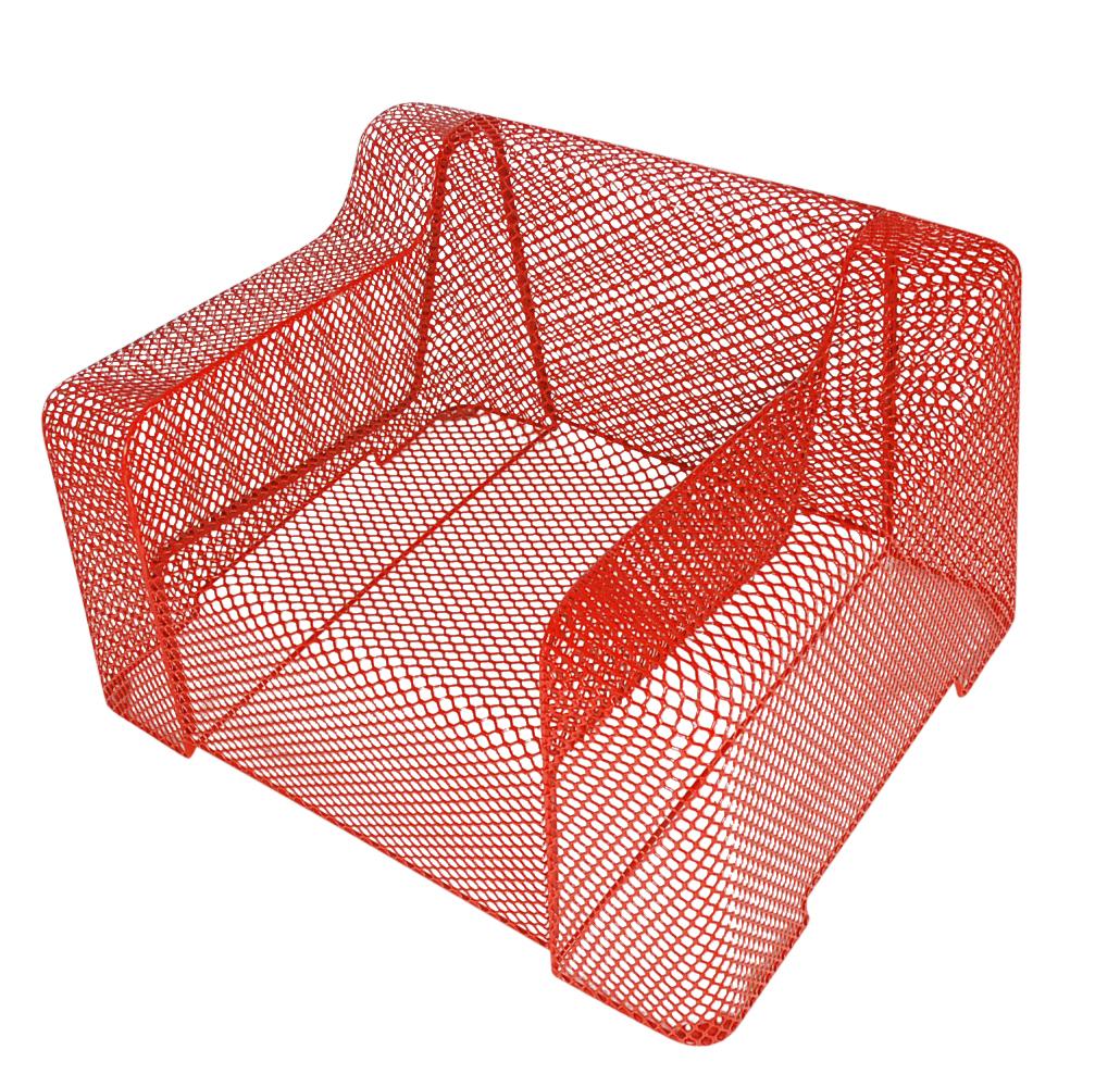 A sculptural matching pair of mesh wire lounge chairs made in Italy from the 1990s, these feature steel sculpted mesh that is powder-coated in red enamel. Clean and ready to use.